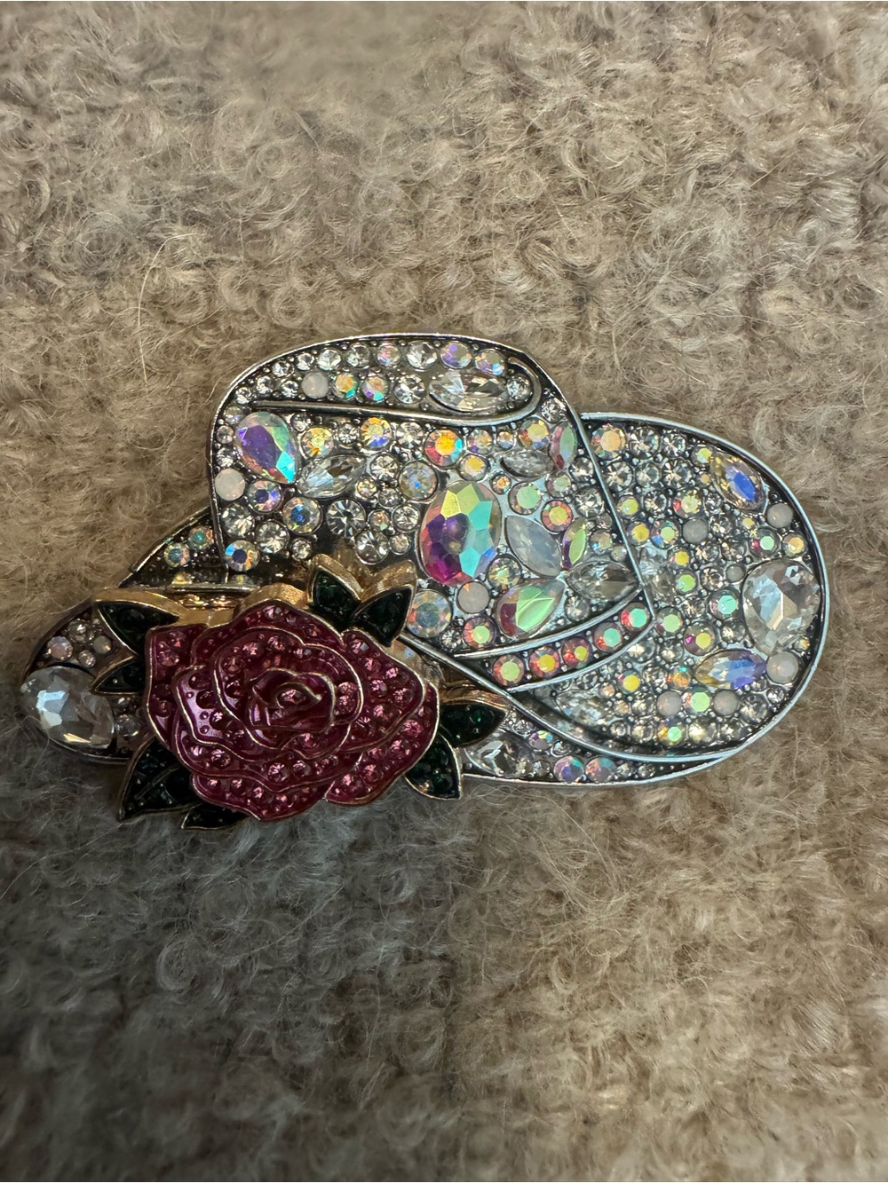 Rhinestone Flip Flop Brooch with Pink Rose Accent